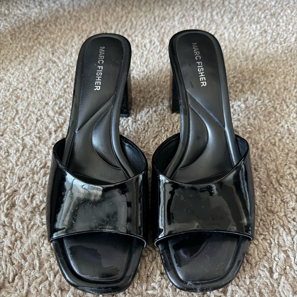 Marc Fisher Black Patent Heeled Mules
